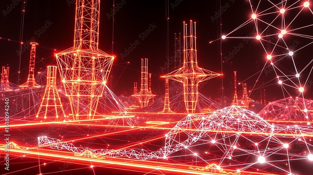 Poster futuristic glowing red wireframe structures and network connections abstract technology