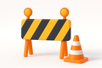 A 3D rendered construction barrier and cone signal work in progress or caution area ahead, stylized.