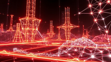 Futuristic glowing red wireframe structures and network connections abstract technology