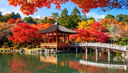 Fototapeta premium Japanese Garden Pavilion Reflected in Pond Amidst Vibrant Autumn Foliage