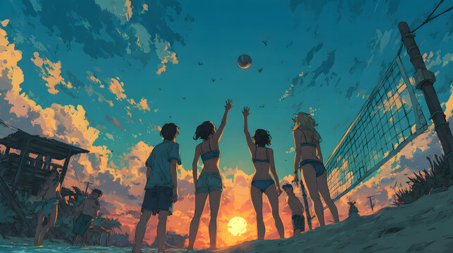 Diverse friends joyfully playing beach volleyball at sunset, realistic HD - Powered by Adobe