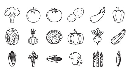 Vegetable Icons Collection with Broccoli, Tomato, Potato, and Other Fresh Produce