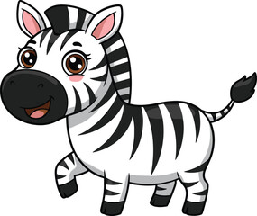 Cute cartoon zebra with a smiling face, black and white stripes, flat vector illustration for animal design, kids’ illustration, hand-drawn style, isolated on white background.