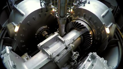 Detailed Wind Turbine Gearbox Interior with Intricate Metallic Gears and Focused Lighting Reveals its Complex Mechanical Design - Powered by Adobe