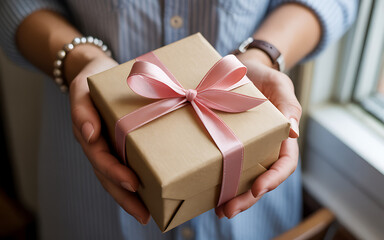 Hands holding a gift box with ribbon