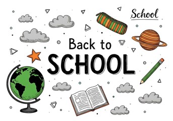 Whimsical hand drawn illustration of school supplies and planets with the words back to school
