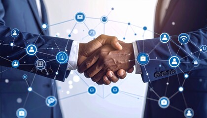 Handshake between two businesspeople overlaid with digital network connections and icons, symbolizing tech partnership