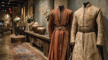 Historical Clothing Exhibit: Mannequins Displaying Intricate Burgundy and Beige Costumes in a Rustic Gallery Setting