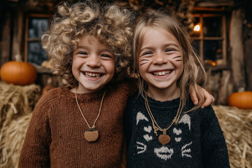 Deux jeunes enfants souriants déguisés pour Halloween, l’un en citrouille orange, l’autre en chat noir, debout côte à côte devant une porte décorée de citrouilles et de bottes de paille
