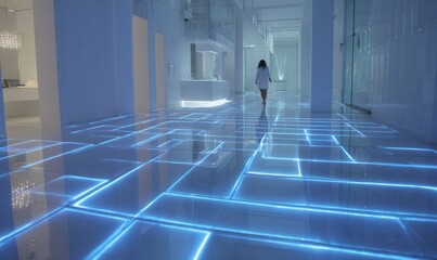 intelligent floor with embedded lighting, responsive to movement, futuristic minimal interior 