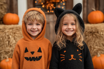 Deux jeunes enfants souriants déguisés pour Halloween, l’un en citrouille orange, l’autre en chat noir, debout côte à côte devant une porte décorée de citrouilles et de bottes de paille