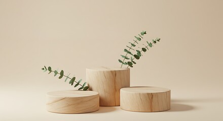 A serene wooden podium stage for showcasing beauty products, featuring minimalist cylinders and eucalyptus on a soft beige background