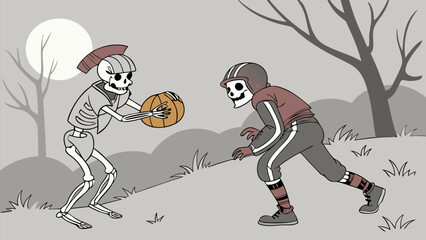 Obraz premium Two skeletons playing with a pumpkin in a spooky landscape under a full moon with bare trees