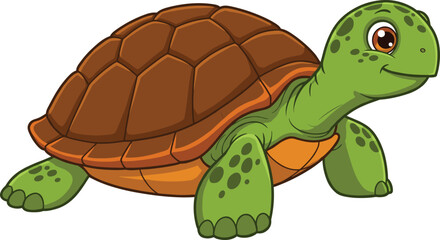Cute cartoon turtle illustration with green shell, happy tortoise character, funny animal mascot, adorable reptile clipart, educational zoo wildlife graphic