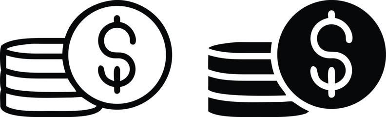 Dollar Coin Stack Icon Set – Vector Money Finance Symbol in Black and White
