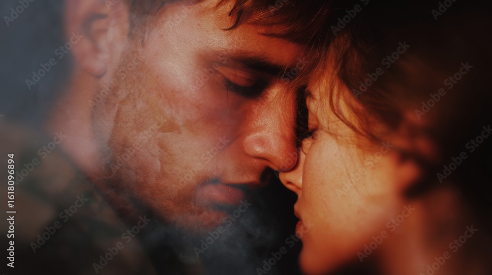 Poster an intimate moment captured between two lovers. soft light and close proximity create a warm atmosph