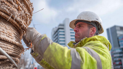 Focused construction worker in hard hat and protective gear working on a large rope bundle, with city buildings in the background under a bright sky.