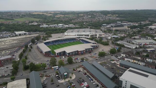 4k aerial footage of SMH Group Stadium, home of Chesterfield Football Club in Derbyshire, UK
