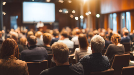 Conference audience attentively watching a speaker on stage, bathed in warm light, creating an atmosphere of engagement and focus. Backs of people in auditorium.