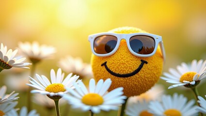 Happiness and positivity concept with smiley face in sunglasses surrounded by daisies in a sunny cheerful spring garden