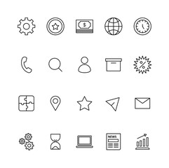 Set of 20 thin line business icons with editable strokes, business and Finance web icons, contact icons, money. Icon collection. Vector illustration.