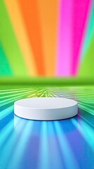 Holographic Platform with Vibrant Rainbow Background