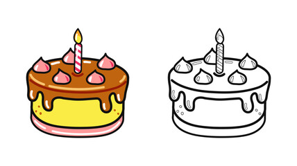A colorful birthday cake with a lit candle is shown in the image.