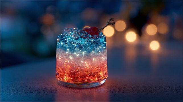 Colorful mixed drink with lights, ice, and cherries on a dark background. A refreshing and festive treat! Drink responsibly.