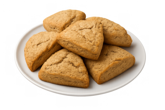Golden brown scones freshly baked, sitting neatly on white plate, radiating homemade comfort, ideal for breakfast or tea time, transparent background highlighting pastry texture