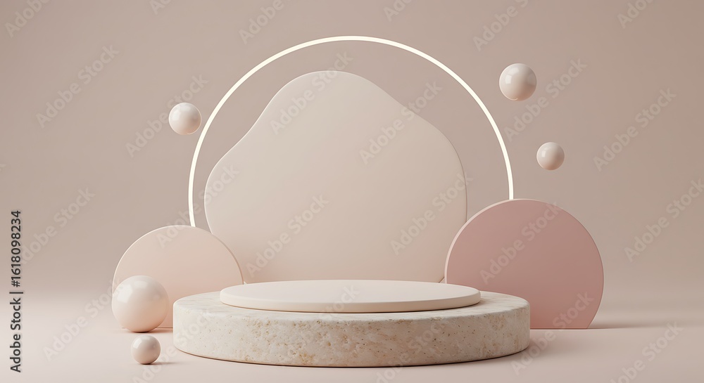 Poster abstract 3d rendering of a platform with geometric shapes, spheres, and a glowing circle against a s