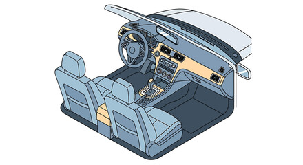Bird s eye isometric view of car cabin in clean geometric vector design with dashboard and console