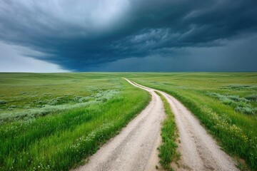 Fototapeta premium Dirt road winds through a grassy plain under a looming storm cloud