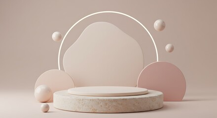 Abstract 3D rendering of a platform with geometric shapes, spheres, and a glowing circle against a soft beige background.
