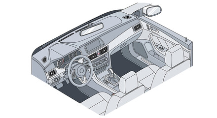 Clean geometric isometric vector depiction of car interior from above with sleek flat design