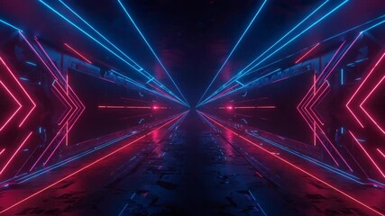 Neon cyberspace tunnel with abstract blue and red light trails in a digital perspective - Powered by Adobe