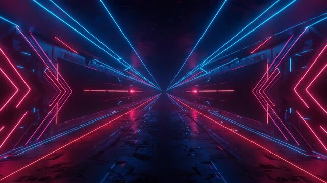 Neon cyberspace tunnel with abstract blue and red light trails in a digital perspective - Powered by Adobe