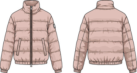 Puffer jacket flat sketch, winter quilted coat design, zip-up front and back view, CAD fashion drawing, padded outerwear vector template illustration © Masum Creatives