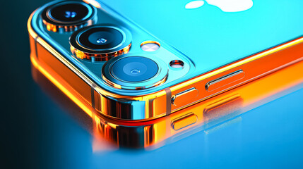 Smartphone mock up featuring a sleek design with vibrant orange and blue metallic finish, highlighting intricate camera details and smooth textures, ideal for modern technology presentations