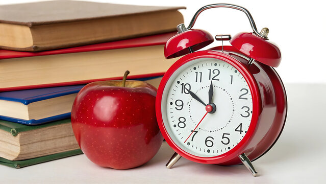 Back to school books apple and red alarm clock time management study education learning knowledge concept