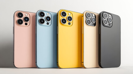 Colorful smartphone mock up collection featuring various models in pastel and bold colors, arranged in a stylish manner, highlighting modern design elements and sleek aesthetics for creative use