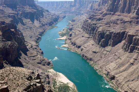 High-angle view of a river winding through a deep canyon