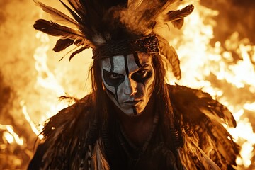 Fierce shaman in feathered outfit and war paint standing before blazing fire