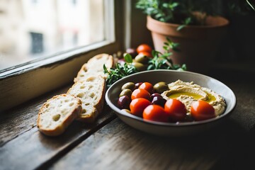 Bowl of hummus with cherry tomatoes, olives and bread by the window