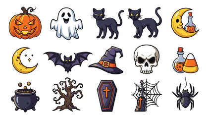 Halloween Icons with Pumpkin, Ghost, Black Cats, Bats, and Spooky Symbols