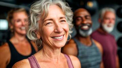 Happy senior woman smiling at the camera in fitness class with diverse older adults in the background