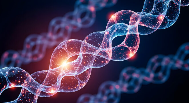 Futuristic Glowing DNA Strand in Abstract Molecular Structure