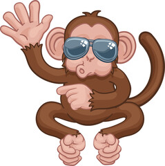 Monkey Sunglasses Cartoon Animal Waving Pointing