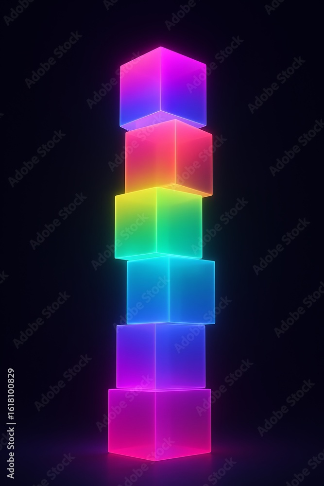 Poster a vibrant stack of luminous cubes glows against a dark backdrop, creating a modern, colorful visual.