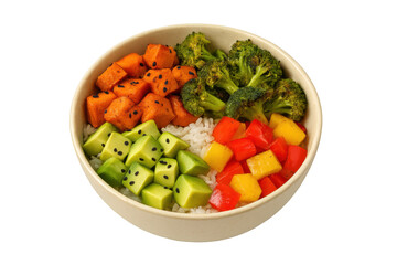 Healthy vegan poke bowl with rice, broccoli, avocado, sweet potatoes and bell peppers isolated on transparent background