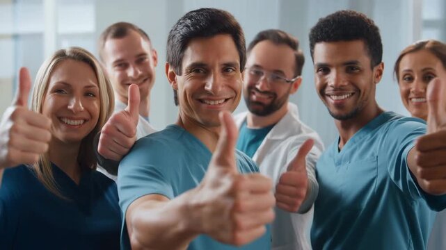 Team, thumbs up and healthcare workers smiling in hospital for support, success and motivation. Medical professionals, doctors and nurses happy at clinic for trust, teamwork and positive attitude